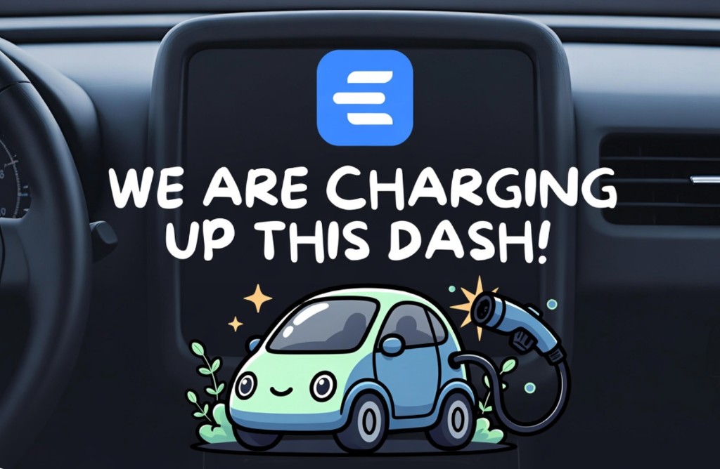 We are charging up this dash — maintenance graphic with a cartoon electric car being charged